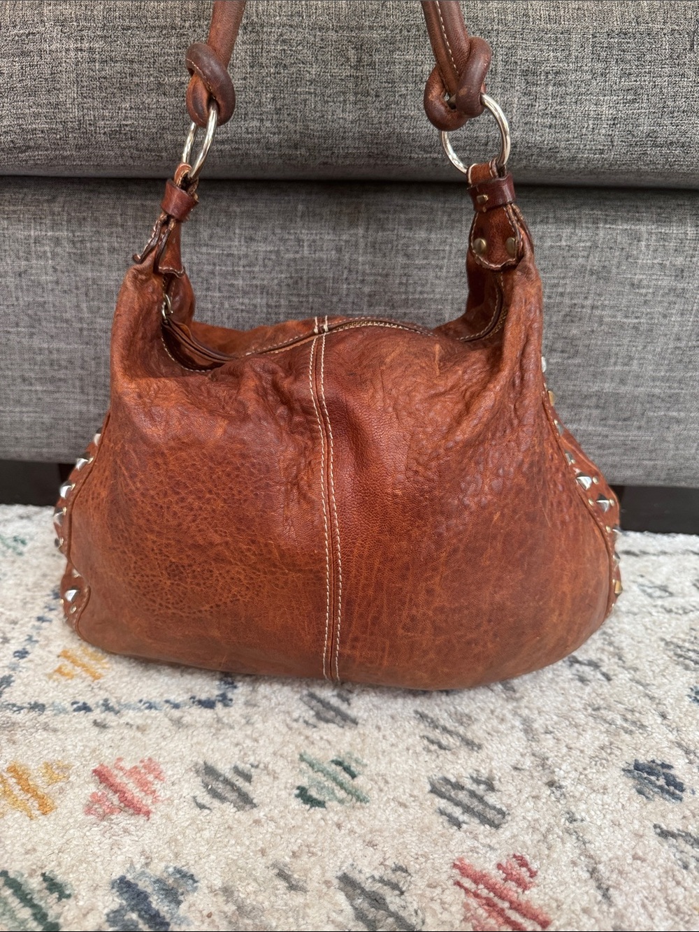Nardelli Italy Distressed Leather Studded Hobo Bag Brown Boho Y2K Made in Italy